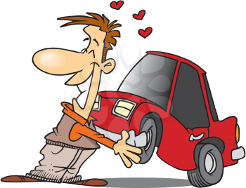 Royalty Free Clipart Image of a Man Who Loves His Car