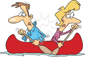 Royalty Free Clipart Image of a Couple Paddling Opposite Ways in a Canoe