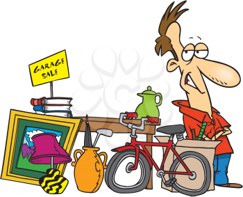 Royalty Free Clipart Image of a Man Having a Garage Sale