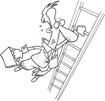 Royalty Free Clipart Image of a Man Hanging Off a Ladder