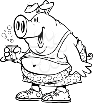Royalty Free Clipart Image of a Pig Drinking Cola