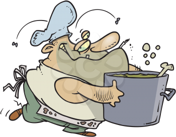 Royalty Free Clipart Image of a Slovenly Cook Carrying a Pot