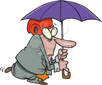 Royalty Free Clipart Image of a Man Wearing a Helmet Under an Umbrella