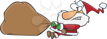 Royalty Free Clipart Image of Santa Pulling a Heavy Sack