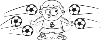 Royalty Free Clipart Image of a Boy With Soccer Balls Flying at Him