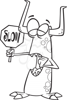 Royalty Free Clipart Image of a Monster Holding a Slow Sign