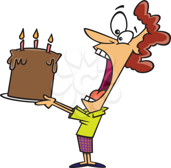 Royalty Free Clipart Image of a Woman Eating a Big Birthday Cake