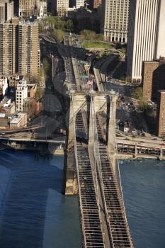 Royalty Free Photo of an Aerial View of Brooklyn Bridge with New York City Buildings