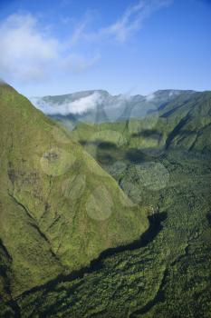 Royalty Free Photo of an Aerial View of a Green Mountain in Maui, Hawaii