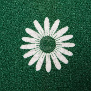 Close-up of vintage fabric with white daisy print on green.