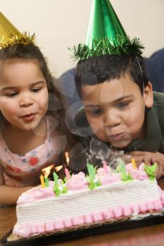 Royalty Free Photo of a Girl and Boy Wearing Party Hats Preparing to Blow Candles Out on a Birthday Cake