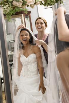 Royalty Free Photo of a Seamstress Helping an African American Bride With a Veil in a Bridal Shop