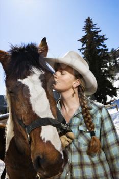 Attractive young woman wearing a cowboy hat and kissing a horse. Vertical shot.