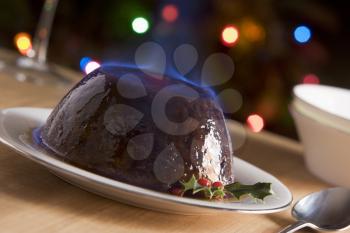 Royalty Free Photo of Christmas Pudding With a Brandy Flambe 