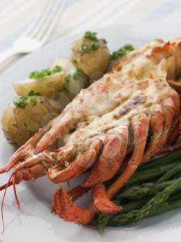 Royalty Free Photo of a Half a Lobster Thermidor with New Potatoes and Asparagus Spears
