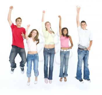 Five friends jumping and smiling