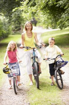 Royalty Free Photo of a Mother and Children Riding Bikes