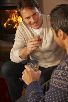 Two Middle Aged Men Relaxing Sitting On Sofa Drinking Whisky
