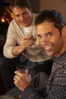Two Middle Aged Men Relaxing Sitting On Sofa Drinking Whisky