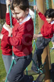 Elementary School Pupils On Climbing Equipment