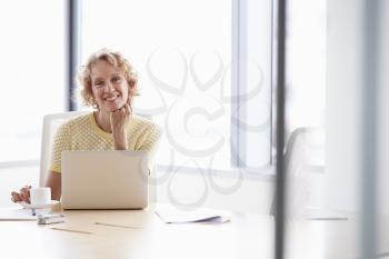Senior Businesswoman Working On Laptop At Boardroom Table