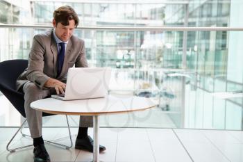 Corporate businessman using laptop computer, full length