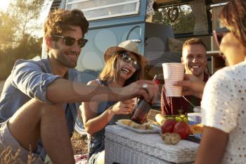 Friends making a toast at a picnic beside their camper van