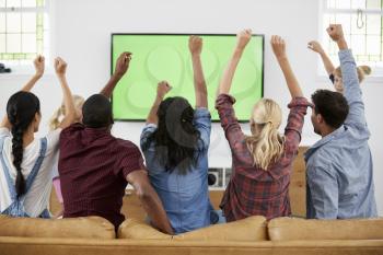 Group Of Young Friends Watching Sports On Television And Cheering