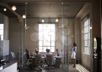 Businesswoman presenting to colleagues at boardroom meeting