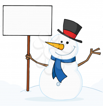 Royalty Free Clipart Image of a Snowman With a Sign