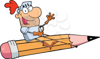 Royalty Free Clipart Image of a Knight Riding a Pencil