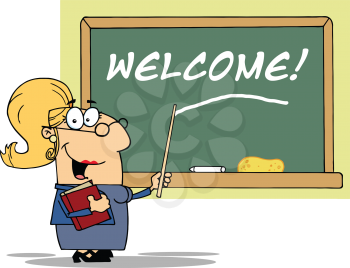 Royalty Free Clipart Image of a Teacher at a Chalkboard With the Word Welcome on It