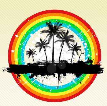 Palm trees on grunge rainbow background