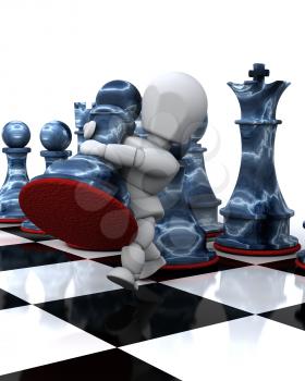 3D render of a man playing chess moving a pawn