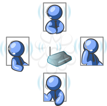 Blue men in a situation denoting a communication network.