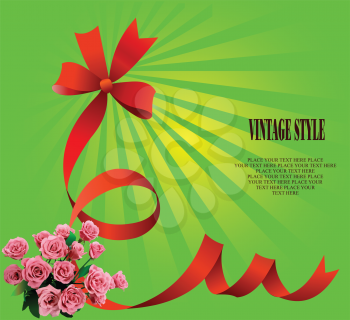 Royalty Free Clipart Image of a Red Bow on a Green Background With Pink Flowers in the Corner