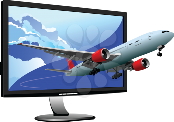 Flat computer monitor with passanger plane image. Display. Vector illustration