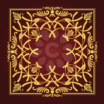 Gold ornament on brown background. Can be used as invitation card. Vector illustration