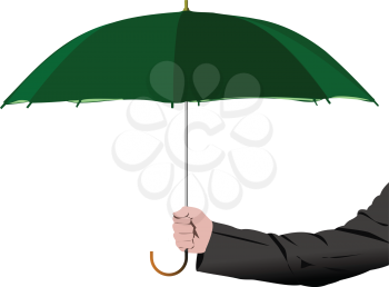Man`s arm with green umbrella.  Vector 3d color illustration