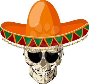 Mexican human skull with sombrero hat and eye glasses, conceptual icon for Day of the Dead holiday