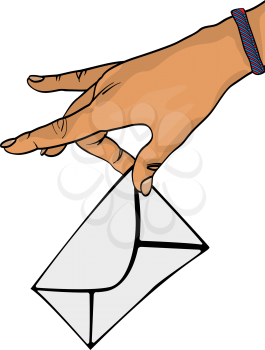 Comic style drawing of a hand with mail envelope. Isolated objects on white background.