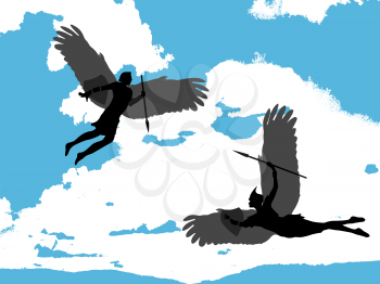 Illustration of two flying guardian angels over a blue sky background