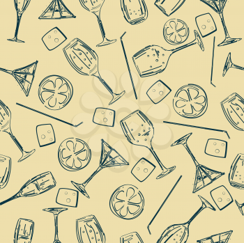 Stylized seamless background pattern with cocktail glasses, straws and ice cube