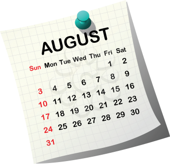 2014 paper calendar for August over white background