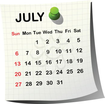 2014 paper calendar for July over white background