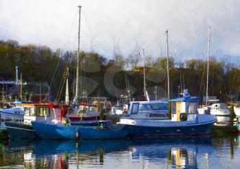 Digital painting of small fishing boats in harbor 