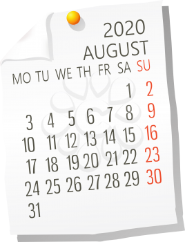 Vector calendar for August 2020 on white paper  with holding pin over white background