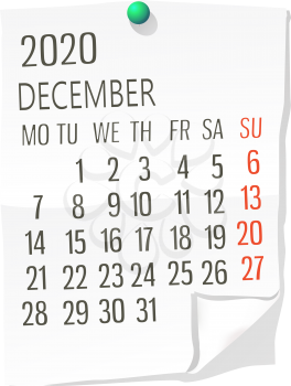 Vector calendar for December,2020 on white paper  with holding pin over white background