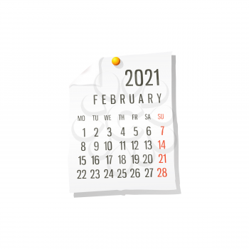 2021 Calendar on white paper, February. Editable vector over white background