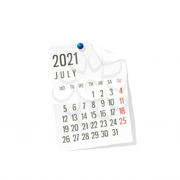2021 Calendar on white paper, July. Editable vector over white background